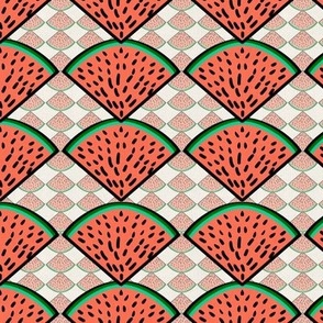 watermelon slices  whimsy geometric with smaller watermelon slices inverted and reduced opacity 6” repeat, orange, bright green, black and coral