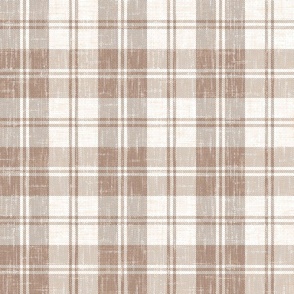 Rustic French Linen Woven Plaid Ecru Mocha Brown