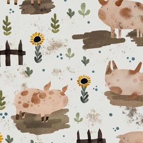Watercolor pigs in the mud with sunflowers - hand drawn farm animals Large - kids wallpaper - nursery decor