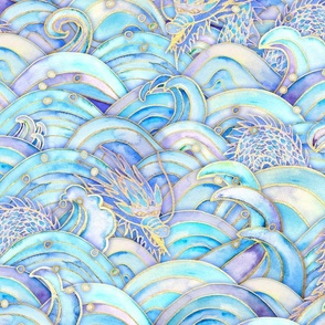 Sea pattern with magic sea waves, splashes and dragons