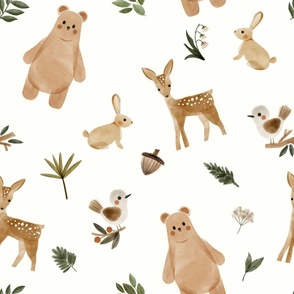 ditsy woodland animals with brown bear, beige rabbit, ochre deer and neutral birds - large