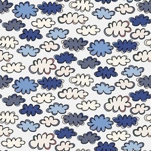 037 - Small mini scale puffy doddle lose clouds for nursery wallpaper and bed linen, baby accessories, cloth diapers, cute dresses, nursery curtains and pillows - blue and coral orange sky scape  