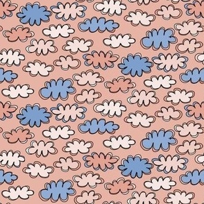 037 - Small mini scale puffy doddle lose clouds for nursery wallpaper and bed linen, baby accessories, cloth diapers, cute dresses, nursery curtains and pillows -  apricot blush and sky blue 
