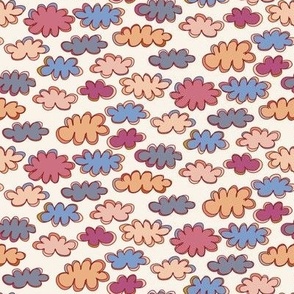 037 - Small mini  scale puffy doddle lose clouds for nursery wallpaper and bed linen, baby accessories, cloth diapers, cute dresses, nursery curtains and pillows - blue, orange and off white skies 