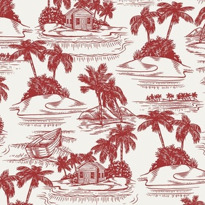 Georgie Hawaiian Toile Floral - White Red Large