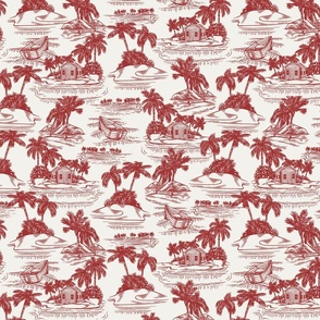 Georgie Hawaiian Toile Floral - White Red Small