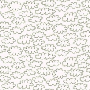 037 - Small mini scale puffy doddle lose clouds for nursery wallpaper and bed linen, baby accessories, cloth diapers, cute dresses, nursery curtains and pillows  - olive green on palest coral