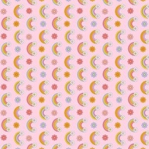 Micro  rainbow daisies fabric, pink girls retro design
