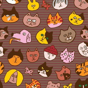 Cats and Dogs Cute Faces 12x14in - Brown