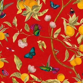 Hummingbirds, lemons and butterflies in red