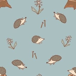 Earth Tone Hand Drawn Hedgehog and Dandelion with Pale Blue Background