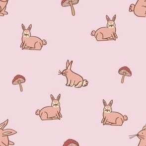 Earth Tone Hand Drawn Rabbit and Mushroom with Pink Background