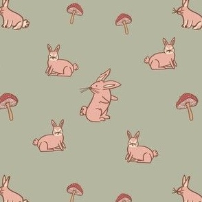 Earth Tone Hand Drawn Rabbit and Mushroom with Sage Background