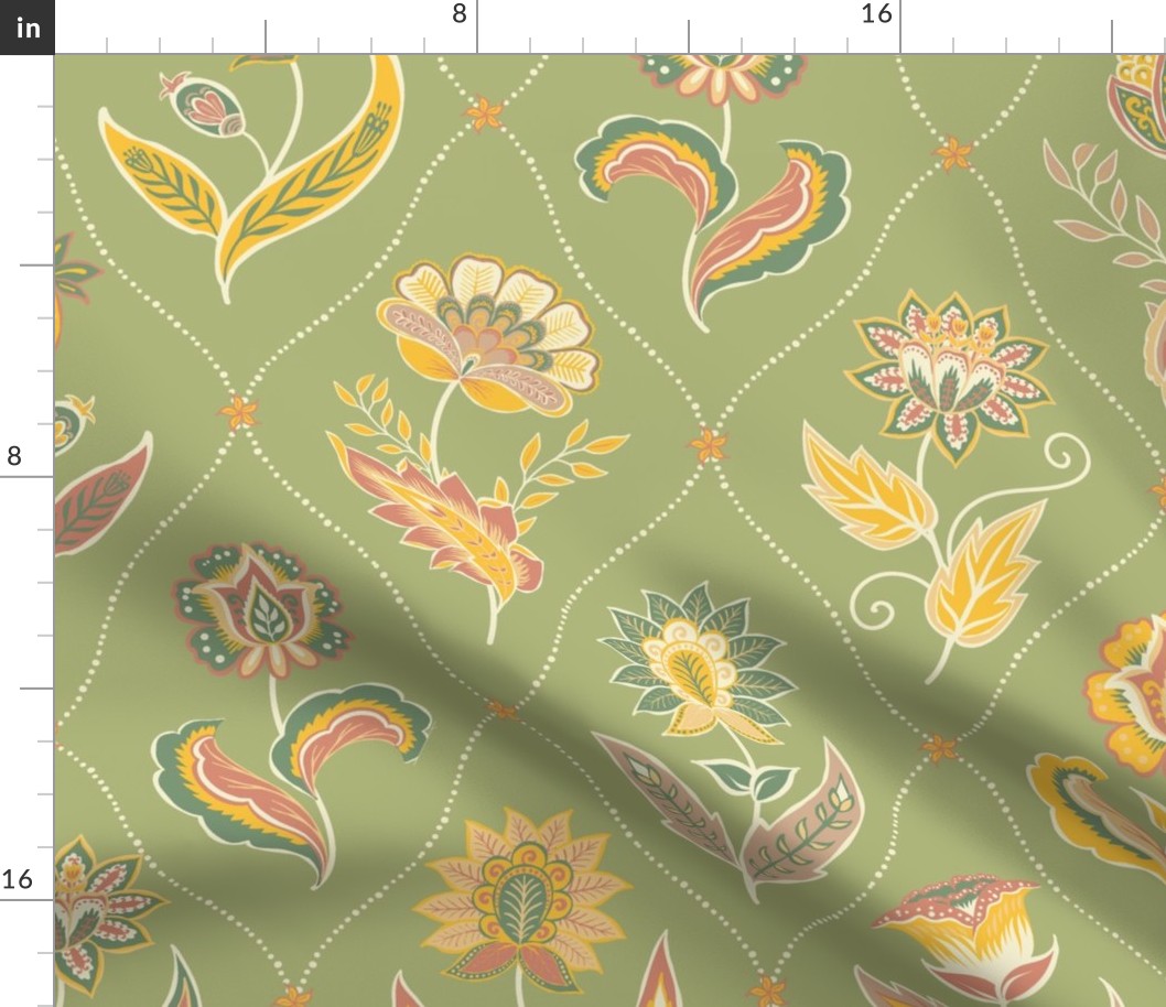 Floral rhombuses. Green background. Large scale. 