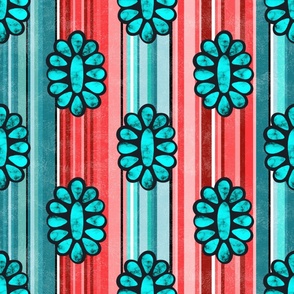 Large Scale Serape Stripes and Turquoise Gems in Shades of Aqua Blue and Coral