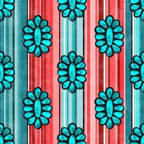 Medium Scale Serape Stripes and Turquoise Gems in Shades of Aqua Blue and Coral