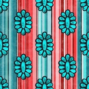 Small Scale Serape Stripes and Turquoise Gems in Shades of Aqua Blue and Coral