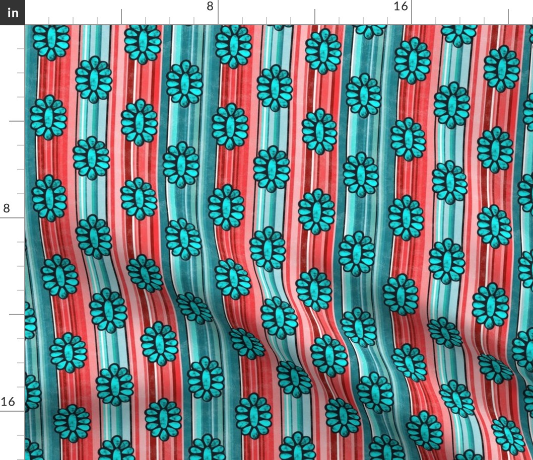 Small Scale Serape Stripes and Turquoise Gems in Shades of Aqua Blue and Coral