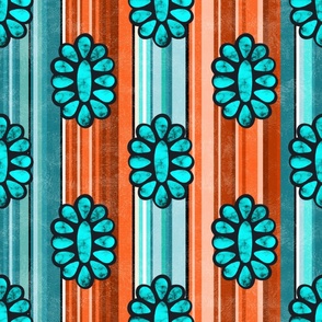 Large Scale Serape Stripes and Turquoise Gems in Shades of Aqua Blue and Orange