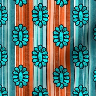 Small Scale Serape Stripes and Turquoise Gems in Shades of Aqua Blue and Orange