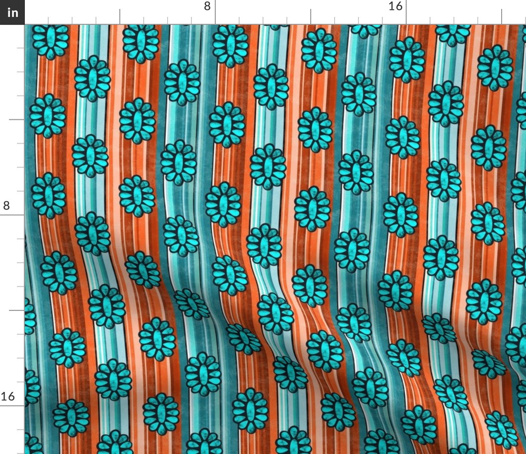 Small Scale Serape Stripes and Turquoise Gems in Shades of Aqua Blue and Orange