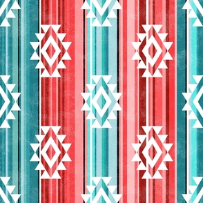 Large Scale Aztec Serape Stripes in Shades of Aqua Blue and Coral Pink