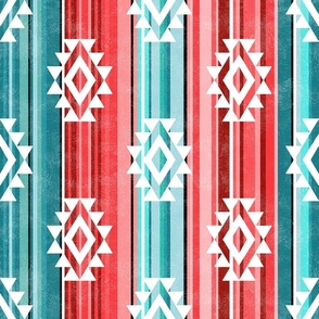 Medium Scale Aztec Serape Stripes in Shades of Aqua Blue and Coral Pink