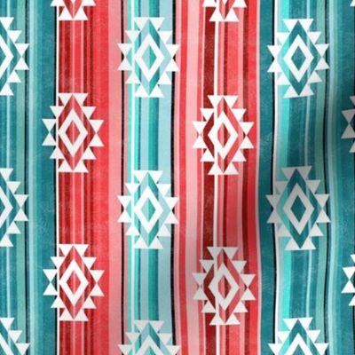 Small Scale Aztec Serape Stripes in Shades of Aqua Blue and Coral Pink