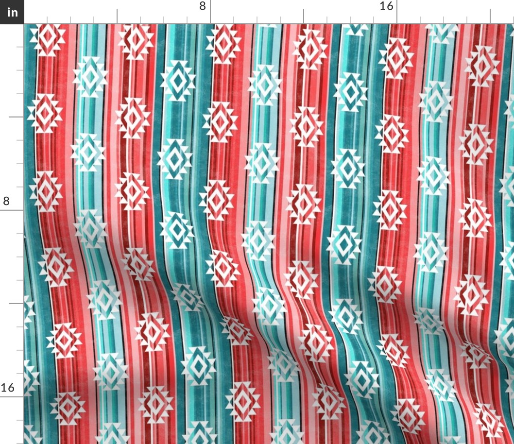 Small Scale Aztec Serape Stripes in Shades of Aqua Blue and Coral Pink