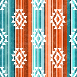 Large Scale Aztec Serape Stripes in Shades of Aqua Blue and Orange
