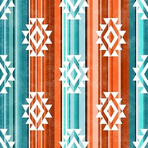 Medium Scale Aztec Serape Stripes in Shades of Aqua Blue and Orange