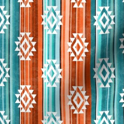 Small Scale Aztec Serape Stripes in Shades of Aqua Blue and Orange