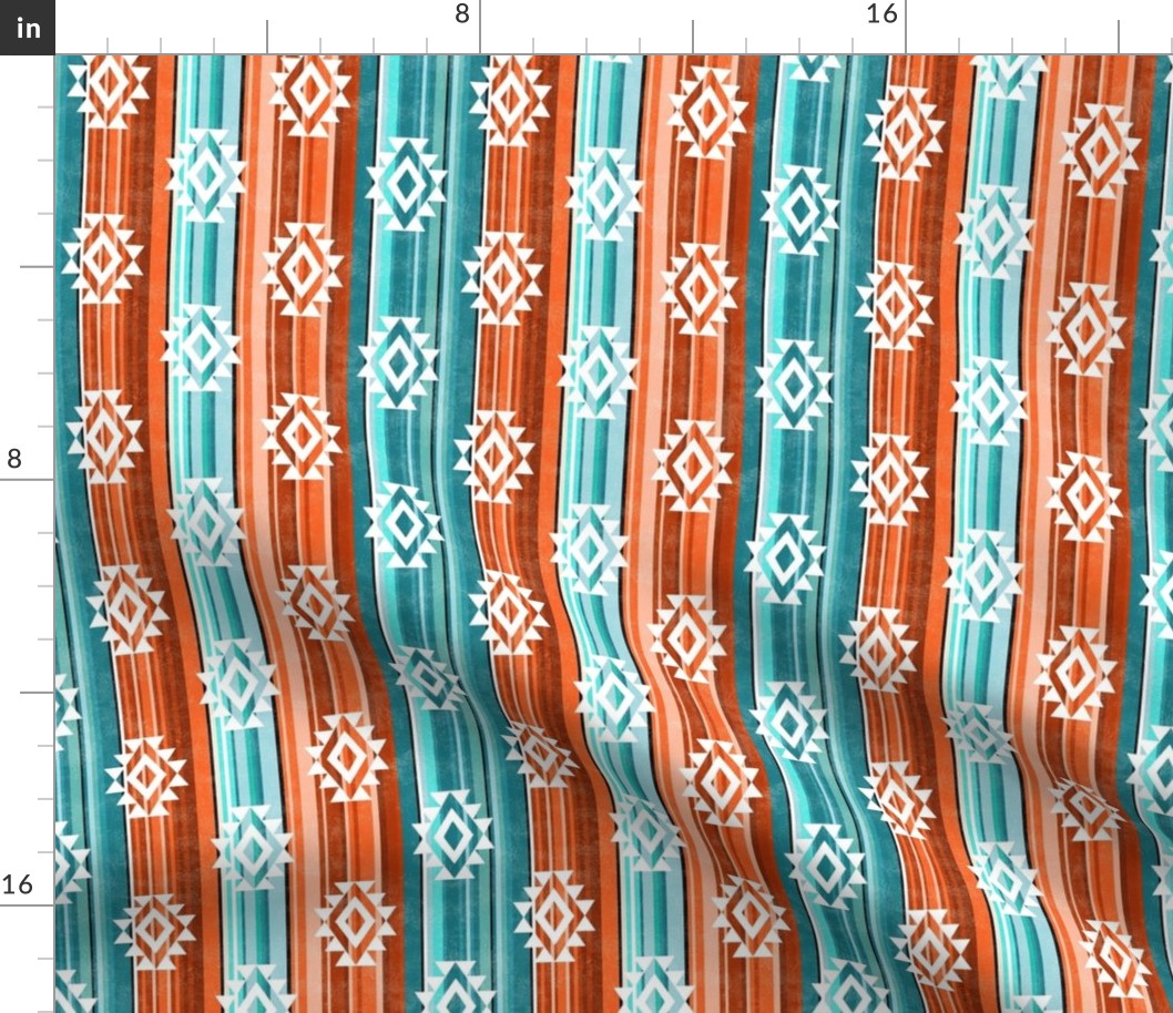 Small Scale Aztec Serape Stripes in Shades of Aqua Blue and Orange