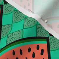 watermelon slices  whimsy geometric with smaller watermelon slices inverted and reduced opacity 12” repeat, orange, bright green, black and coral on orange background