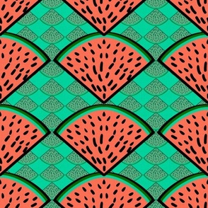 watermelon slices  whimsy geometric with smaller watermelon slices inverted and reduced opacity 12” repeat, orange, bright green, black and coral on orange background