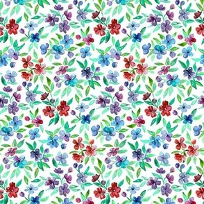 Cherry Red, Purple and Blue  Watercolor Blossoms micro print