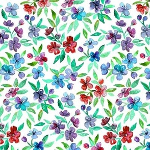 Cherry Red, Purple and Blue  Watercolor Blossoms