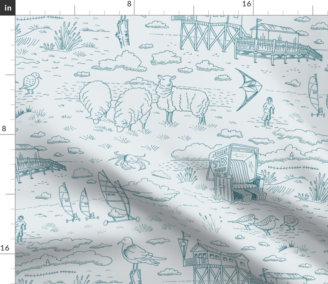 Coastal Vacation Toile | Relaxing North Sea Beach with Beach Sailors and Stilt Houses | grayish blue | medium