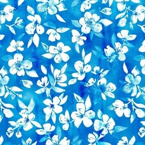 Graphic Cobalt Blue and White Watercolor Floral