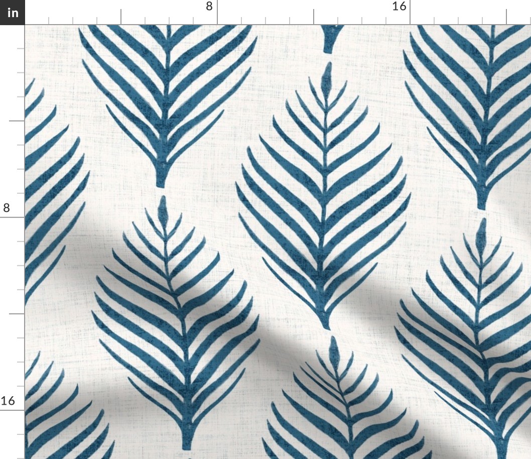 Linen Palm Frond in French Blue - 12 inch repeat