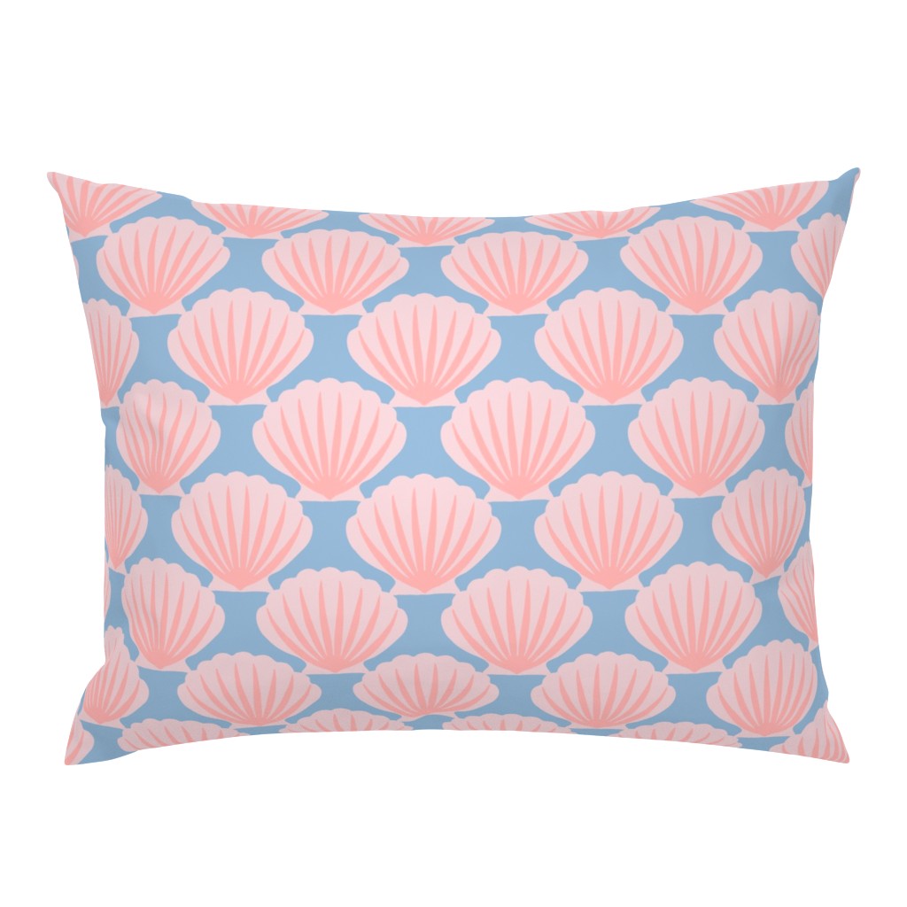 Scalloped seashells pastel pink on blue (Large) 