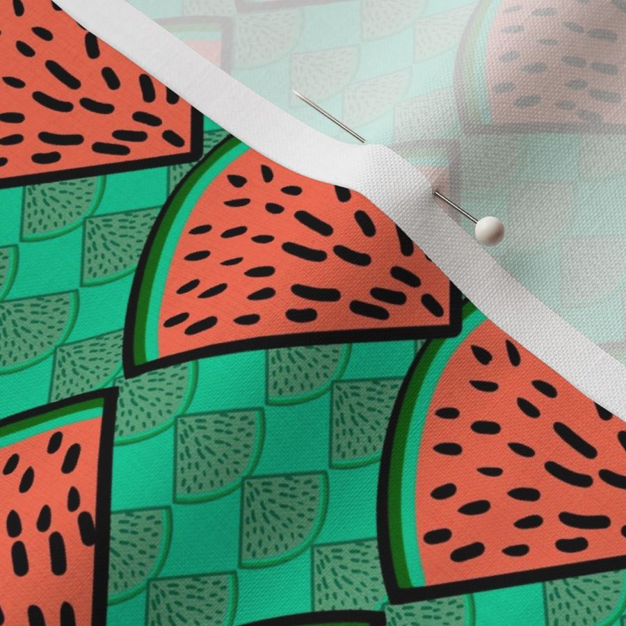 watermelon slices  whimsy geometric with smaller watermelon slices inverted and reduced opacity 6” repeat, orange, bright green, black and coral on orange background