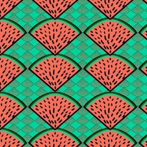 watermelon slices  whimsy geometric with smaller watermelon slices inverted and reduced opacity 6” repeat, orange, bright green, black and coral on orange background