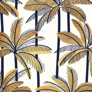 Large jumbo scale // Retro gold Palm Springs vibes // natural white background gold textured palm trees oxford navy blue line contour