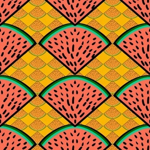 watermelon slices  whimsy geometric with smaller watermelon slices  inverted and reduced opacity 12” repeat, orange, bright green, black on yellow  background