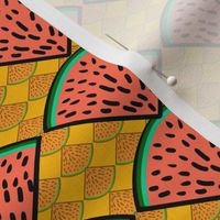 watermelon slices  whimsy geometric with smaller watermelon slices inverted and reduced opacity 6” repeat, orange, bright green, black on yellow  background