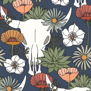 Desert Bloom - Home Decor Scale - cow skull botanical floral - dark blue - LAD23