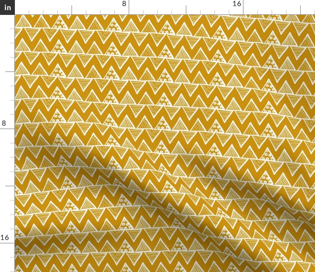 Smaller Scale Tribal Triangle ZigZag Stripes White on Mustard