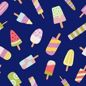 Summer tutti-frutti tossed popsicles - navy blue - small scale  6” repeat