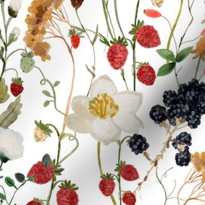 18" a colorful summer red blue and black berries wildflower meadow  - nostalgic Wildflowers and Herbs home decor on white double layer,   Baby Girl and nursery fabric perfect for kidsroom wallpaper, kids room, kids decor single layer